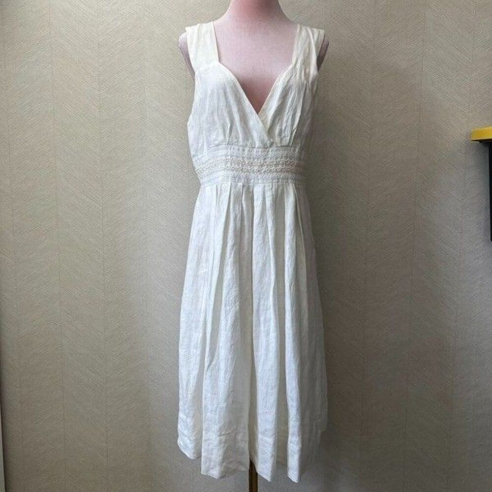 Summer Casual Smocked Waist Deep Surplice Neck Sleeveless White Midi Dress Women